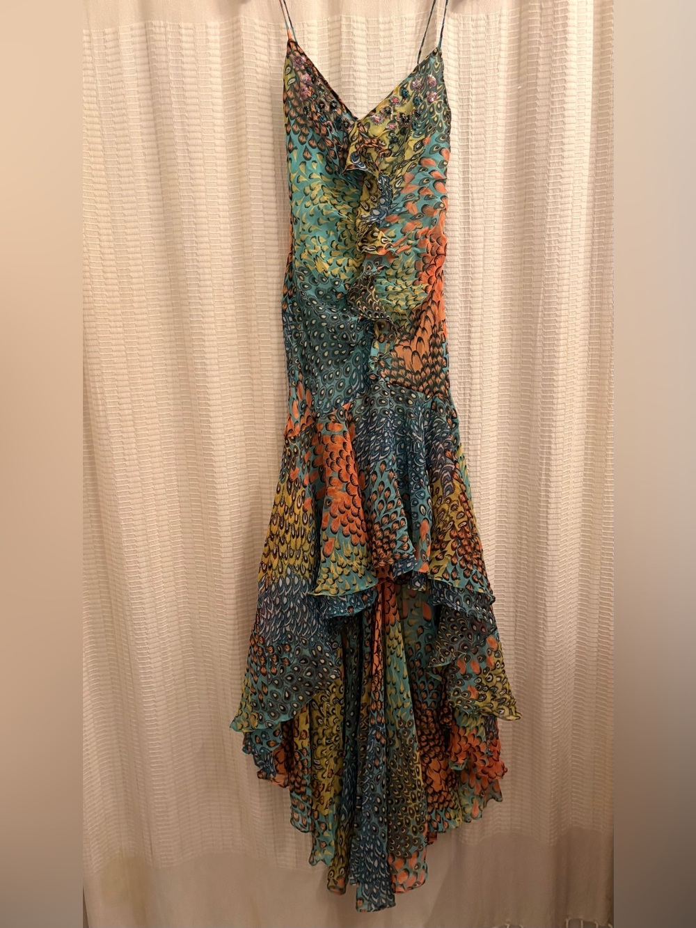 BCBGMaxAzria Teal, Orange & Yellow High-Low Ruffle Skirt